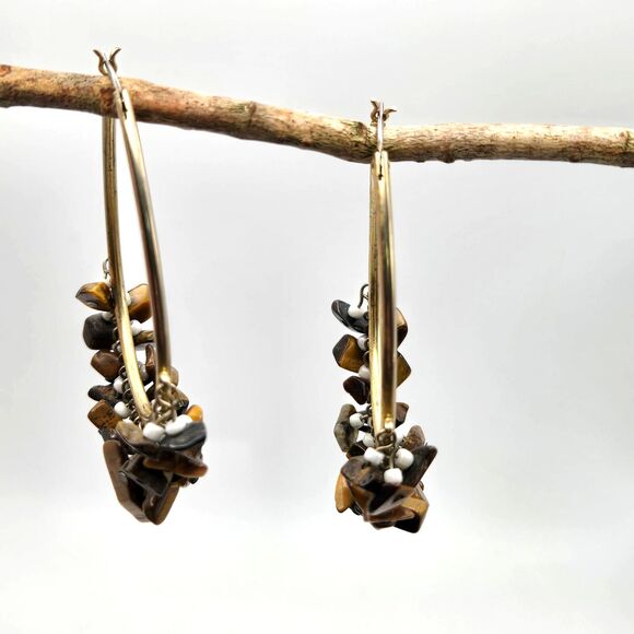 Goldtone Hoop Earrings with Tigers Eye Chips and White Seed Bead Fringe - Picture 2 of 5